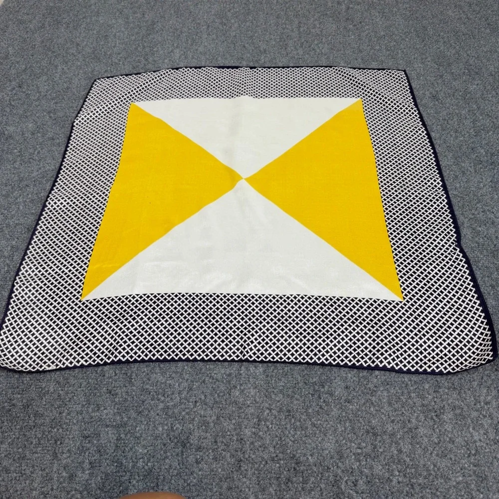 Vintage Geometric Colorblock Square Scarf Yellow White Black Lattice Border 24